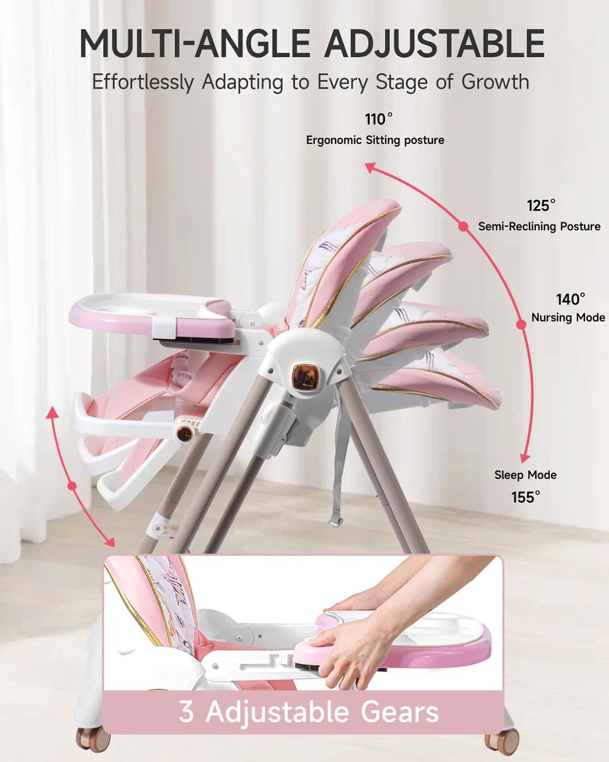 صندلی غذای کودک با تاب، صندلی غذاخوری چند منظوره قابل حمل با زیرپایی و سینی، ارتفاع و پشتی قابل تنظیم، صندلی غذای تاشو با کمربند ایمنی 5 حالته برای نوزادان و کودکان نوپا 6 ماهه تا 3 ساله