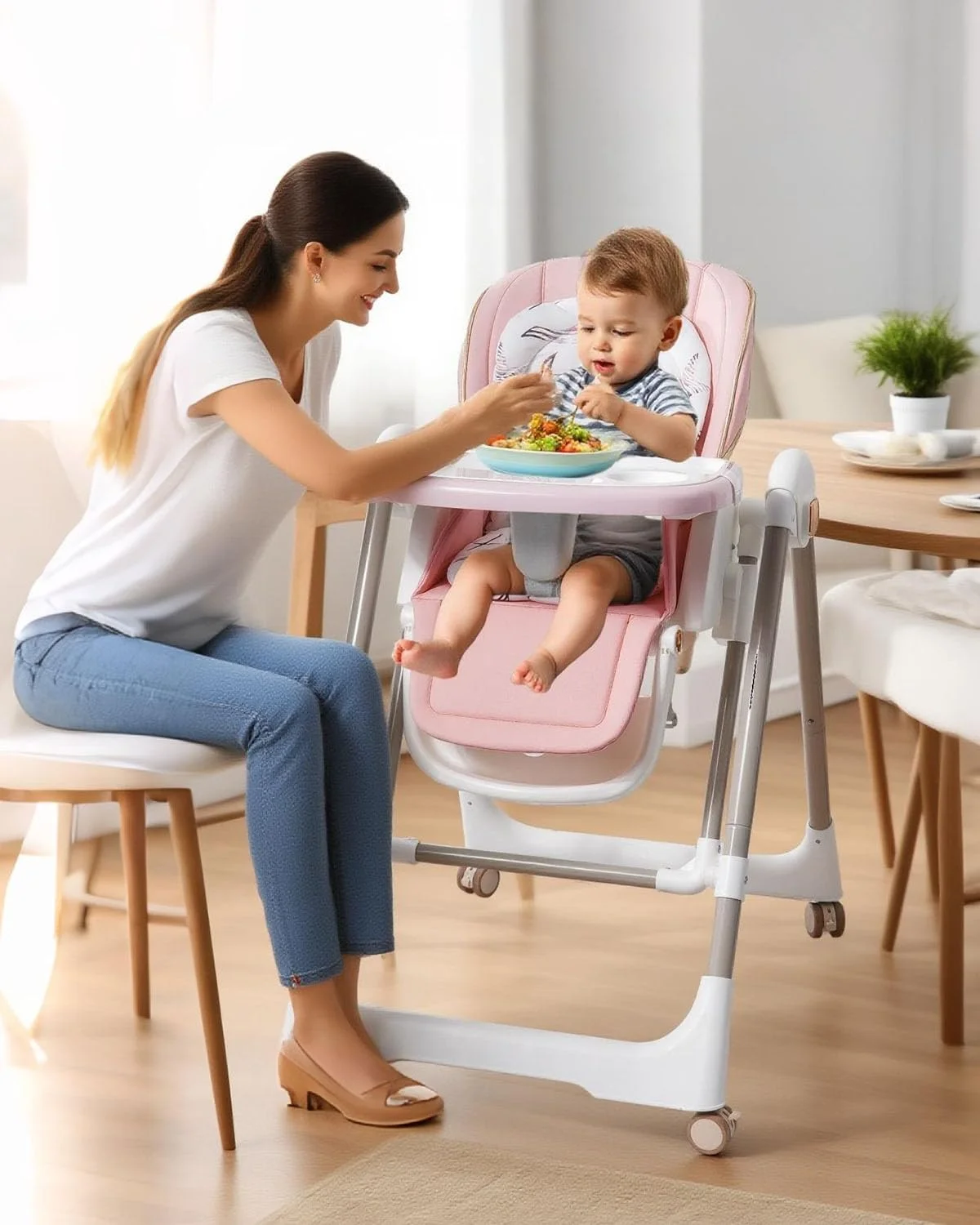 صندلی غذای کودک با تاب، صندلی غذاخوری چند منظوره قابل حمل با زیرپایی و سینی، ارتفاع و پشتی قابل تنظیم، صندلی غذای تاشو با کمربند ایمنی 5 حالته برای نوزادان و کودکان نوپا 6 ماهه تا 3 ساله