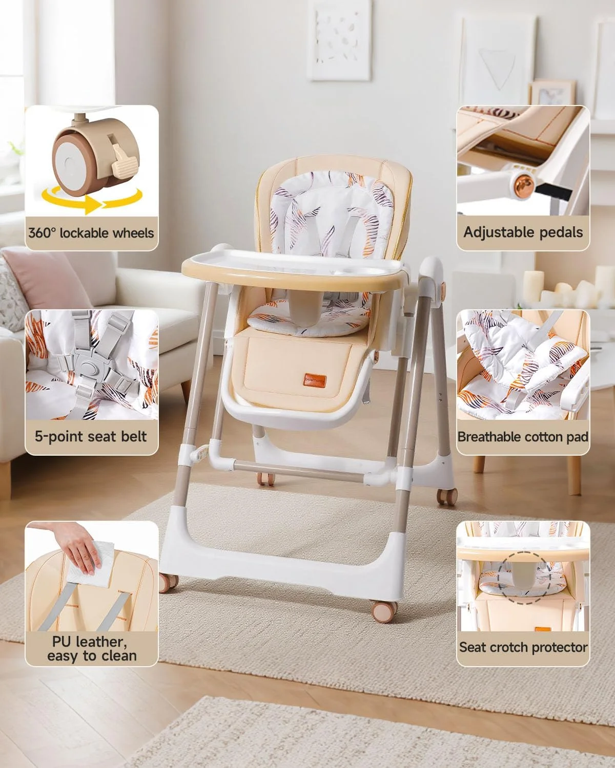 صندلی غذای کودک با تاب، صندلی غذاخوری چند منظوره قابل حمل با زیرپایی و سینی، ارتفاع و پشتی قابل تنظیم، صندلی غذای تاشو با کمربند ایمنی 5 حالته برای نوزادان و کودکان نوپا 6 ماهه تا 3 ساله