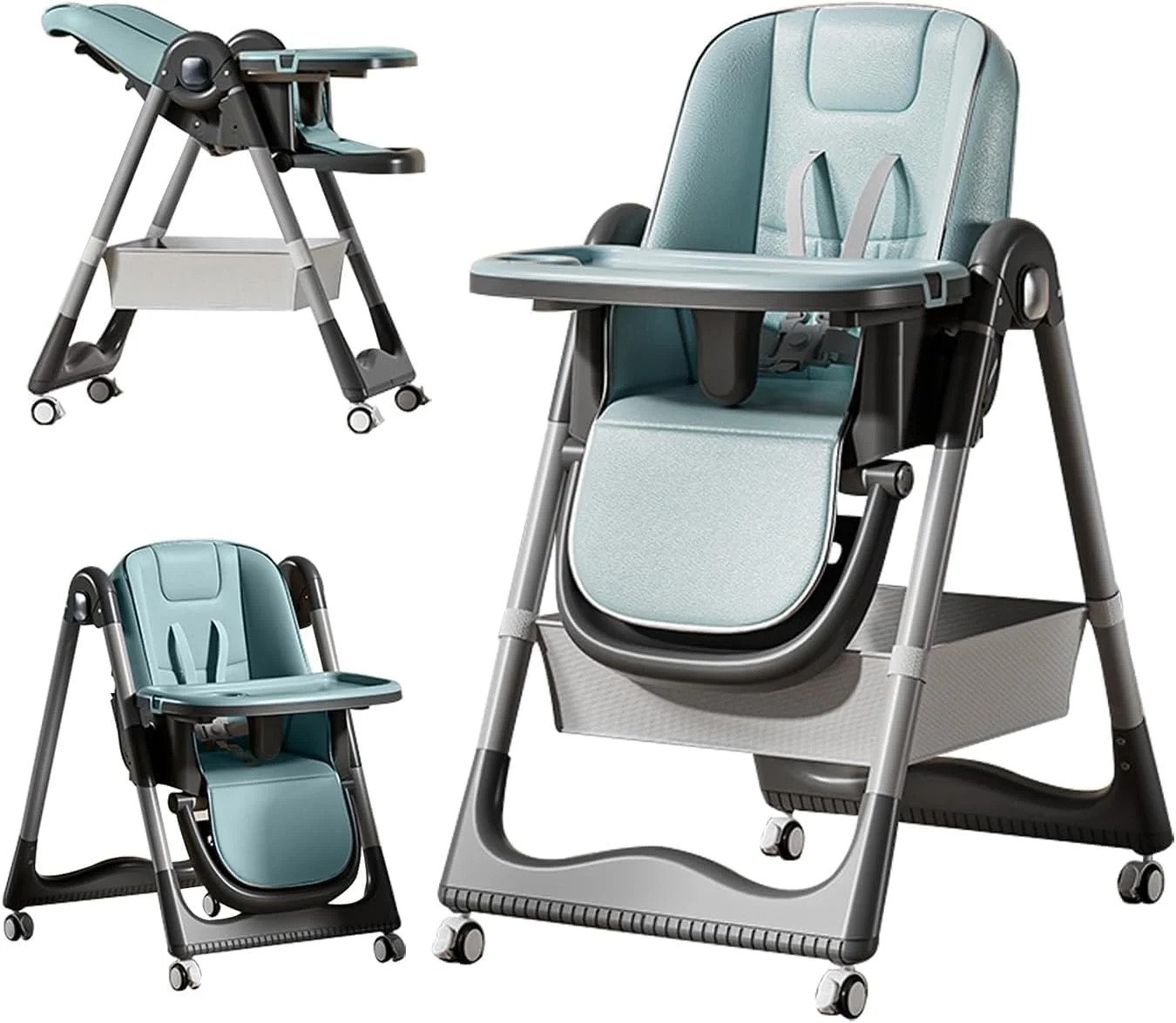 صندلی غذای کودک 3 در 1 0TO1، صندلی کودک با چرخ، صندلی تاشو مسافرتی با 7 ارتفاع قابل تنظیم با سینی، جیب ذخیره سازی، 4 حالت خواب قابل تنظیم، برای نوزادان و کودکان نوپا (آبی)