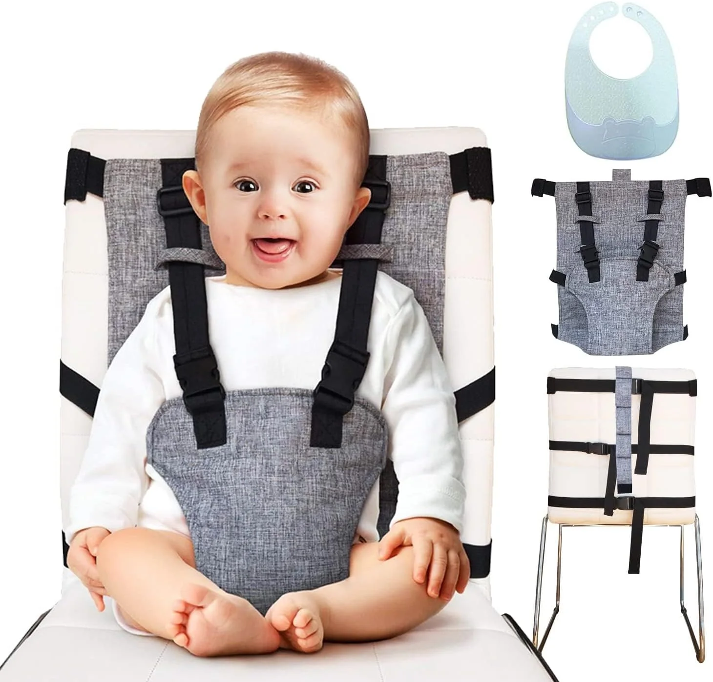 صندلی غذای کودک قابل حمل، صندلی تقویت کننده کودک با کمربند پارچه ای و بندهای قابل تنظیم برای قرارگیری روی هر صندلی - قابل شستشو در ماشین لباسشویی، لوازم جانبی صندلی غذاخوری و مسافرتی کودک، صندلی کمربندی مسافرتی (خاکستری)