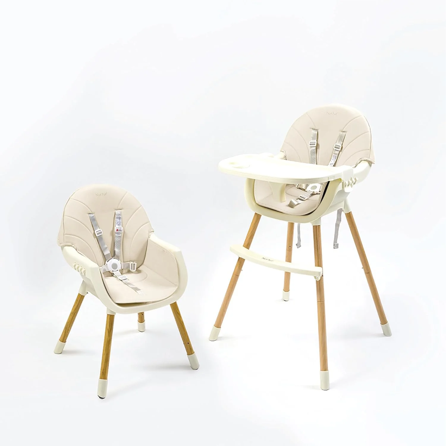صندلی غذای کودک نورتور مدل 2 در 1، ارتفاع قابل تنظیم، روکش چوبی، با کوسن های نرم، سینی جداشدنی، دارای زیرپایی - بژ