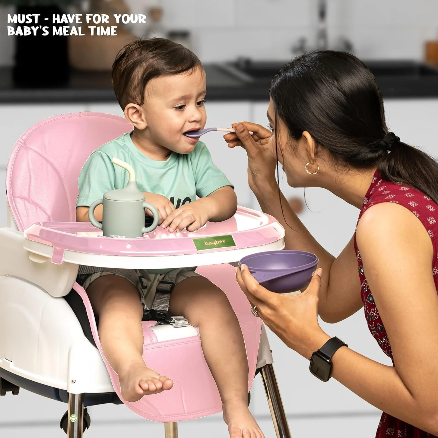صندلی غذای کودک 4 در 1 Baybee Nora با قابلیت تبدیل، ارتفاع و زیرپایی قابل تنظیم، صندلی کمکی تغذیه کودک نوپا با سینی، چرخ، کمربند ایمنی و کوسن مناسب برای 6 ماه تا 4 سال (صورتی)