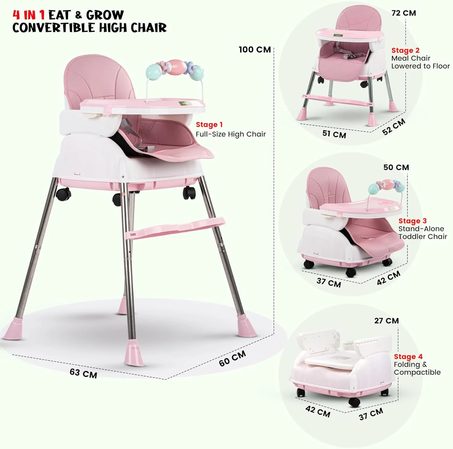 صندلی غذای کودک 4 در 1 Baybee Nora با قابلیت تبدیل، ارتفاع و زیرپایی قابل تنظیم، صندلی کمکی تغذیه کودک نوپا با سینی، چرخ، کمربند ایمنی و کوسن مناسب برای 6 ماه تا 4 سال (صورتی)