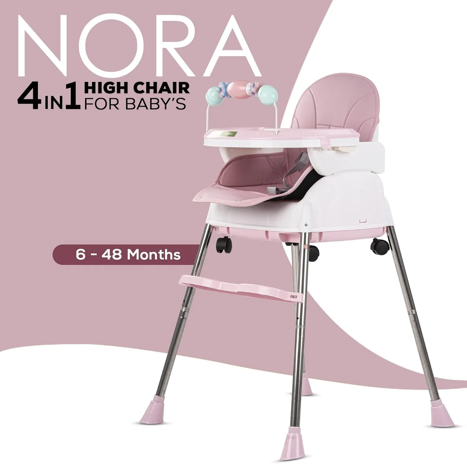 صندلی غذای کودک 4 در 1 Baybee Nora با قابلیت تبدیل، ارتفاع و زیرپایی قابل تنظیم، صندلی کمکی تغذیه کودک نوپا با سینی، چرخ، کمربند ایمنی و کوسن مناسب برای 6 ماه تا 4 سال (صورتی)