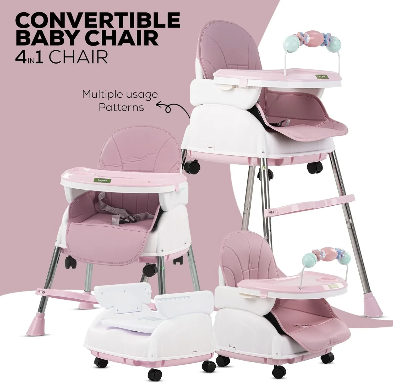 صندلی غذای کودک 4 در 1 Baybee Nora با قابلیت تبدیل، ارتفاع و زیرپایی قابل تنظیم، صندلی کمکی تغذیه کودک نوپا با سینی، چرخ، کمربند ایمنی و کوسن مناسب برای 6 ماه تا 4 سال (صورتی)