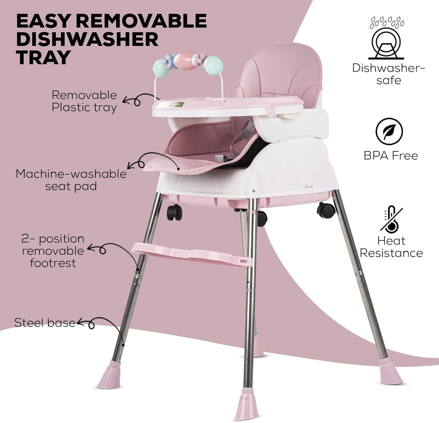 صندلی غذای کودک 4 در 1 Baybee Nora با قابلیت تبدیل، ارتفاع و زیرپایی قابل تنظیم، صندلی کمکی تغذیه کودک نوپا با سینی، چرخ، کمربند ایمنی و کوسن مناسب برای 6 ماه تا 4 سال (صورتی)