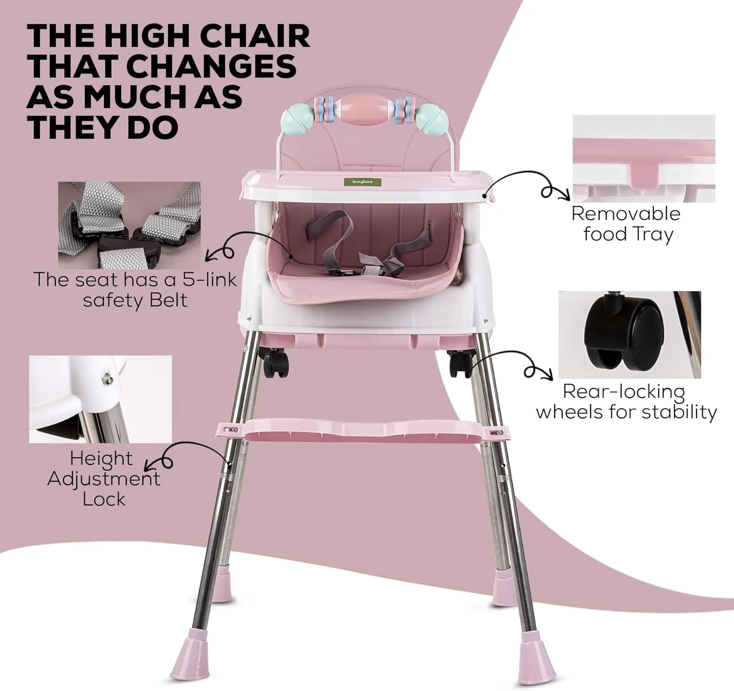 صندلی غذای کودک 4 در 1 Baybee Nora با قابلیت تبدیل، ارتفاع و زیرپایی قابل تنظیم، صندلی کمکی تغذیه کودک نوپا با سینی، چرخ، کمربند ایمنی و کوسن مناسب برای 6 ماه تا 4 سال (صورتی)