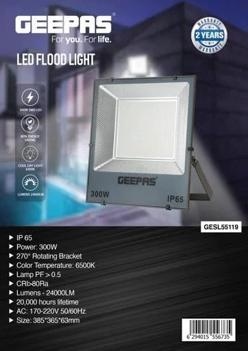 چراغ نورافکن ال ای دی 300 وات جیپاس مدل GESL55119 | 24000 لومن و دمای رنگ 6500 کلوین | دارای براکت چرخان 270 درجه، مناسب برای فضاهای باز، پارکینگ و غیره | 2 سال گارانتی، مشکی چراغ نورافکن ال ای دی 300 وات جیپاس مدل GESL55119 | 24000 لومن و دمای رنگ 6500 کلوین | دارای براکت چرخان 270 درجه، مناسب برای فضاهای باز، پارکینگ و غیره | 2 سال گارانتی، مشکی