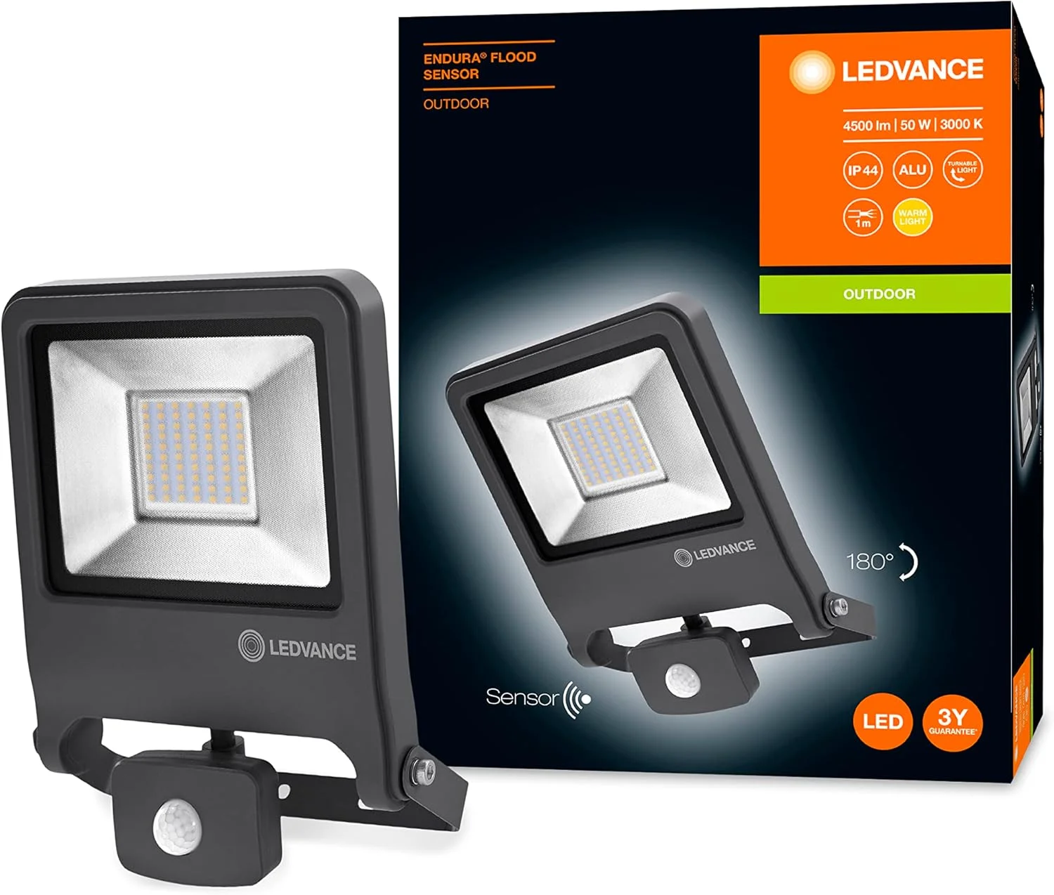 چراغ LED پروژکتوری LEDVANCE: برای دیوار، ENDURA© FLOOD Sensor نور سفید گرم / 50 وات، 220…240 ولت، زاویه تابش [محاسبه شده]: 120 درجه، نور سفید گرم، 3000 کلوین، جنس بدنه [محاسبه شده]: آلومینیوم، /، 1 عدد