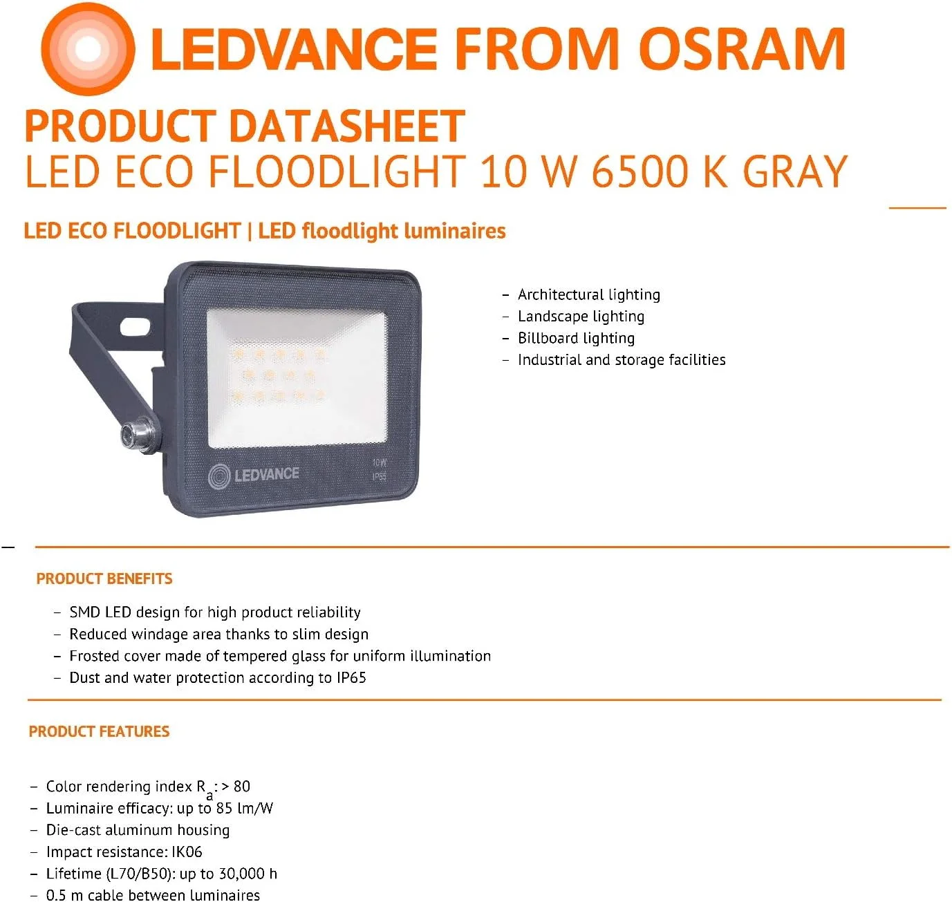 چراغ های LED پروژکتوری اکو LEDVANCE مناسب فضای باز/داخلی 10 وات، پارکینگ/حفاظتی/معماری، سبک وزن، طراحی باریک، مقاومت در برابر آب IP65، نور روز، 850 لومن، 6500 کلوین، LEDV-ECO-FL-10W-DL چراغ های LED پروژکتوری اکو LEDVANCE مناسب فضای باز/داخلی 10 وات، پارکینگ/حفاظتی/معماری، سبک وزن، طراحی باریک، مقاومت در برابر آب IP65، نور روز، 850 لومن، 6500 کلوین، LEDV-ECO-FL-10W-DL