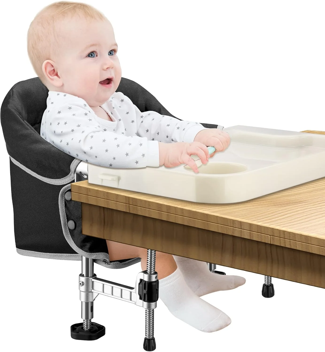 صندلی تاشو توگل با سینی غذاخوری جداشدنی، صندلی بلند گیره ای قابل حمل مناسب برای اکثر میزها، صندلی سریع میز با کیف حمل، صندلی غذاخوری مسافرتی برای نوزادان و کودکان نوپا (مشکی)