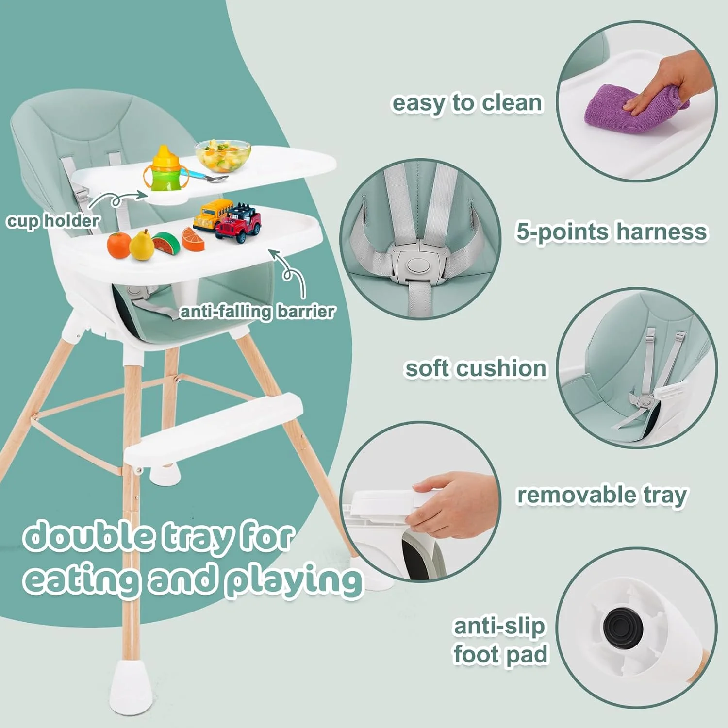 صندلی غذای کودک YULEYU، صندلی غذای 5 در 1 برای نوزادان و کودکان نوپا، صندلی غذای سبک وزن قابل حمل با جا لیوانی سینی قابل جابجایی، صندلی کمکی کودک برای صندلی غذاخوری، تمیز کردن آسان