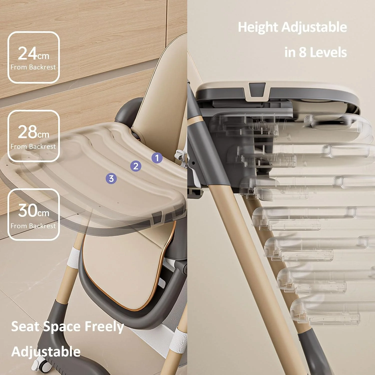 صندلی غذای کودک 3 در 1، صندلی های غذاخوری کودک برای نوزادان و کودکان نوپا با سینی جداشدنی و پشتی و ارتفاع قابل تنظیم، تاشو و قابل تبدیل، صندلی غذاخوری قابل حمل کودک با چرخ های قفل شونده