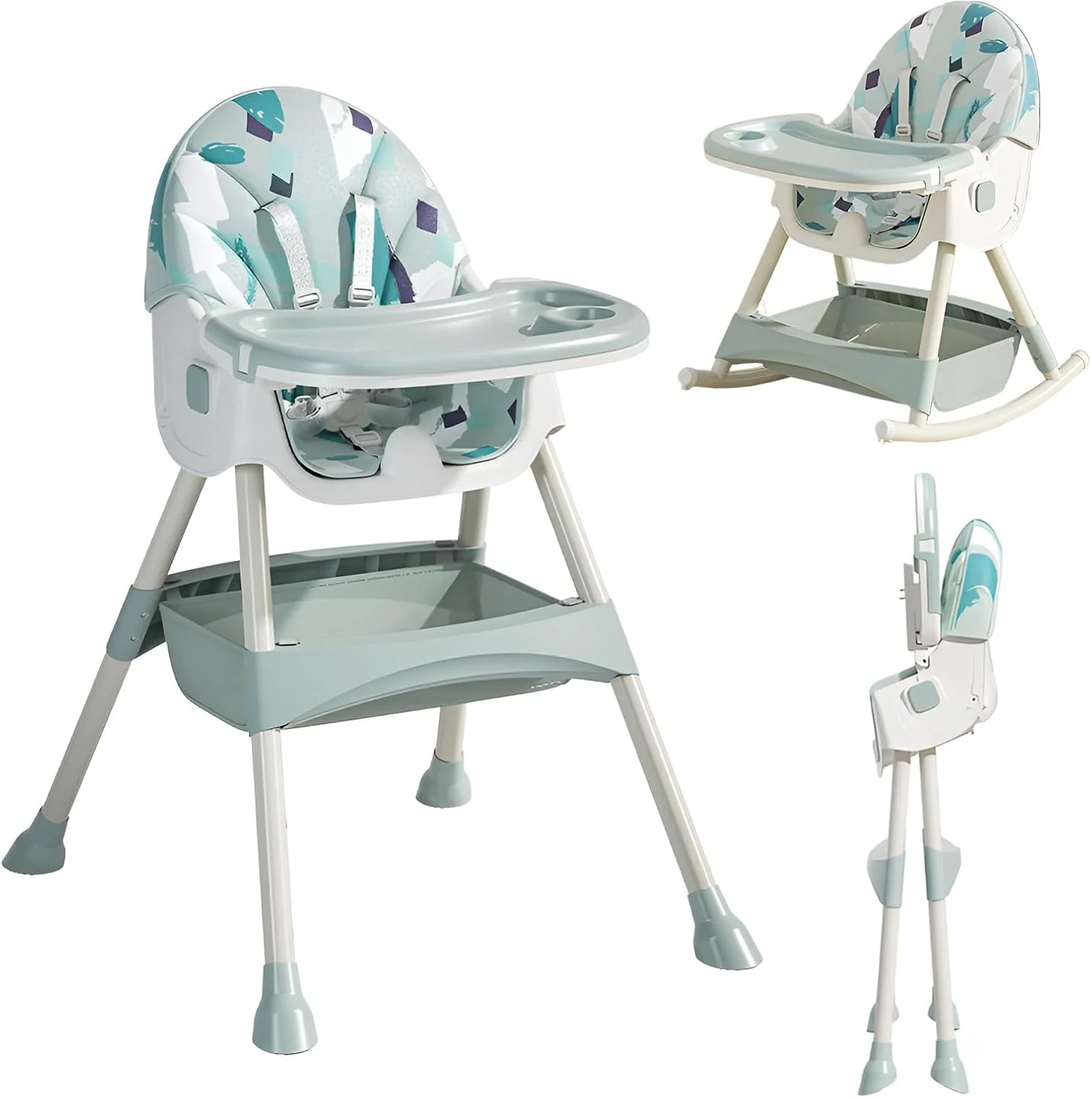 صندلی غذای کودک 6 در 1، صندلی های تاشو برای تغذیه نوزادان، صندلی غذاخوری چند منظوره کودکان برای غذا خوردن با سینی دوتایی جداشدنی، 4 چرخ و زیرپایی