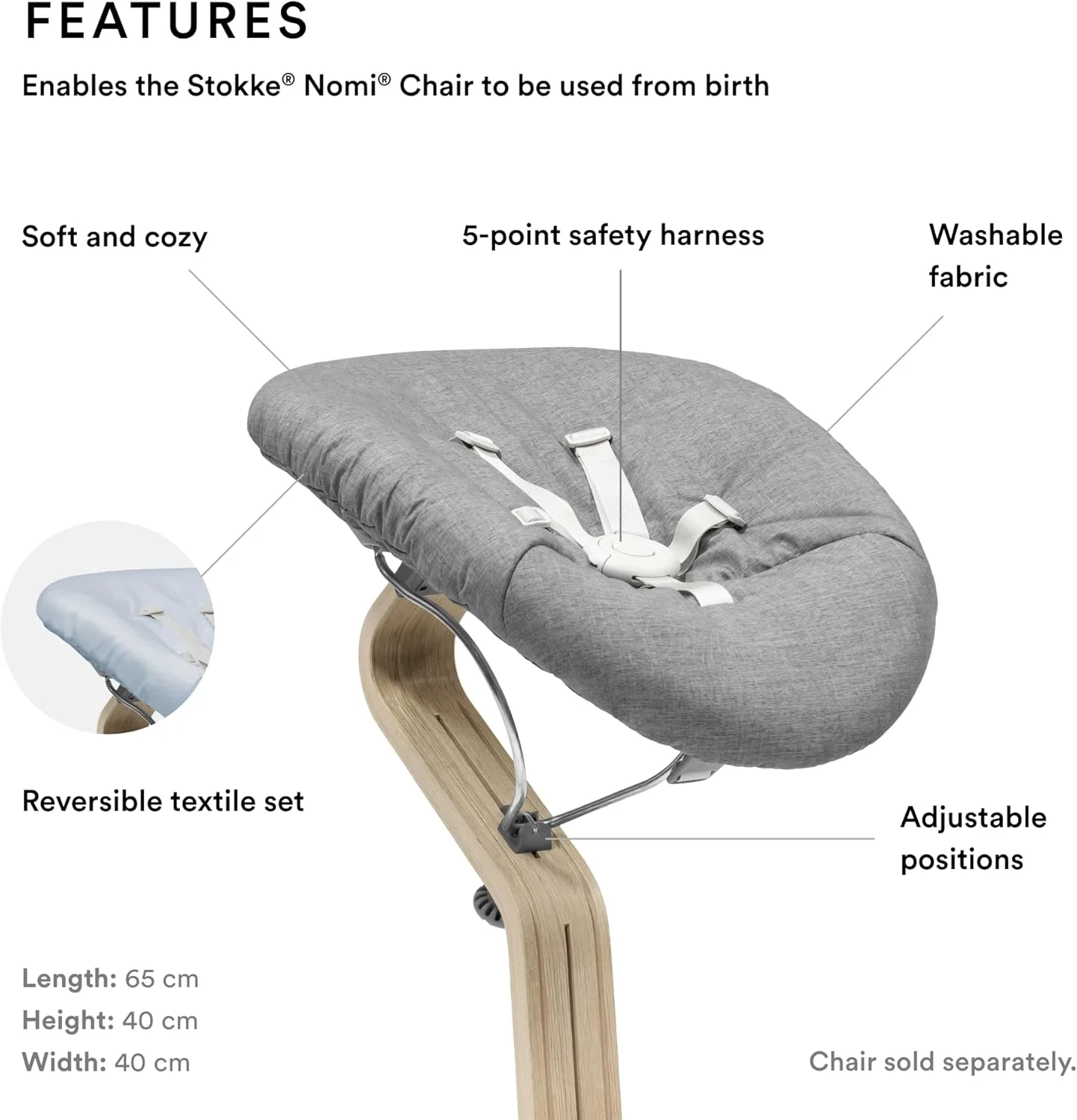 ست نوزادی Stokke Nomi برای صندلی کودک - شامل کمربند ایمنی 5 نقطه ای و ست پارچه ای برگشت پذیر و قابل شستشو - مناسب برای صندلی بلند کودک Stokke Nomi - خاکستری/آبی خاکستری