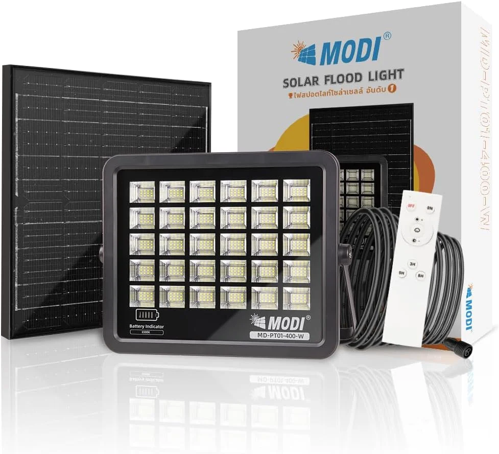 چراغ خورشیدی V.MAX MODI با کنترل از راه دور، چراغ امنیتی خارجی خورشیدی، 3 حالت قابل تنظیم، نورافکن ضد آب برای حیاط، پاسیو، گاراژ، از غروب تا سپیده دم