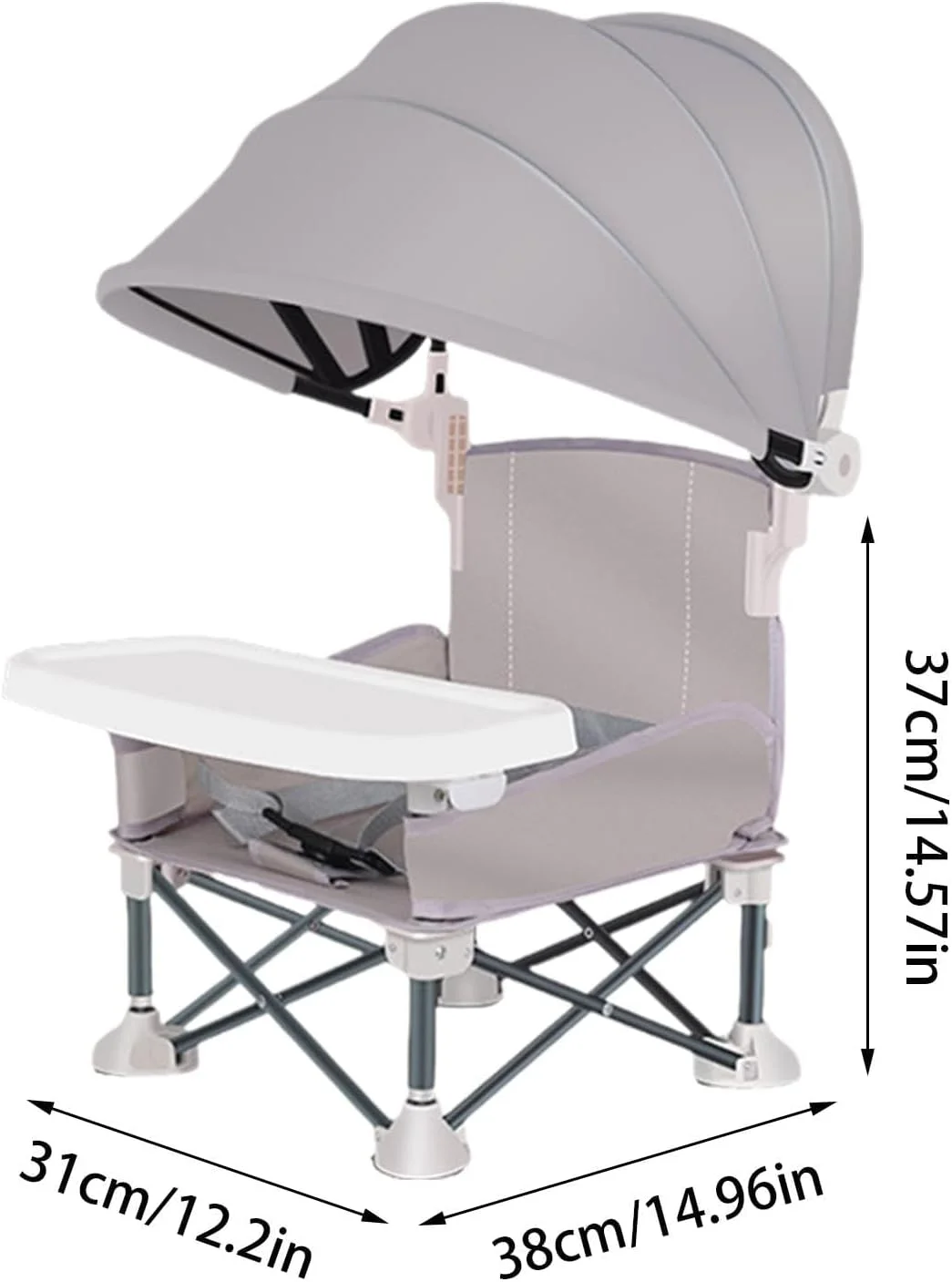 صندلی کمپینگ کودک نوپا NALACAL، صندلی بلند قابل حمل با سایبان، صندلی کمپینگ تاشو کودک با سینی، صندلی بلند تاشو چتردار برای پیک نیک، مهمانی ها و وعده های غذایی خانوادگی (خاکستری)