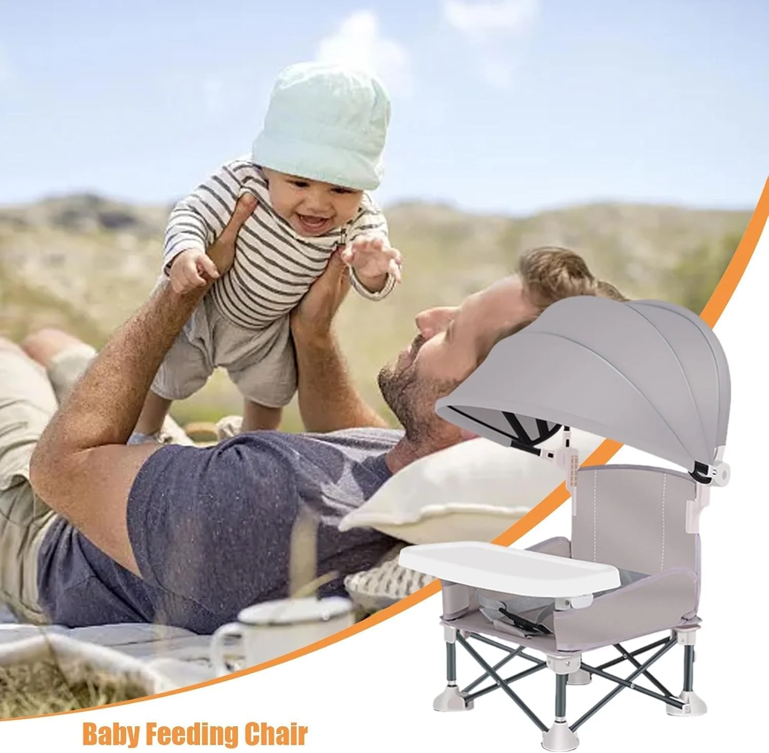 صندلی کمپینگ کودک نوپا NALACAL، صندلی بلند قابل حمل با سایبان، صندلی کمپینگ تاشو کودک با سینی، صندلی بلند تاشو چتردار برای پیک نیک، مهمانی ها و وعده های غذایی خانوادگی (خاکستری)