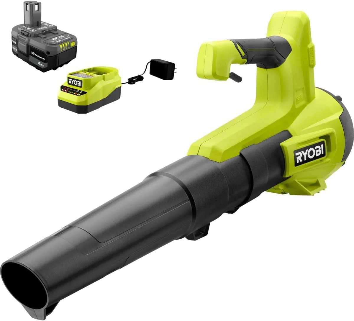 دمنده برگ جت فن بی سیم متغیر سرعت RYOBI ONE+ 18V 100 MPH 325 CFM با باتری 4.0 آمپر ساعت و شارژر، سبز