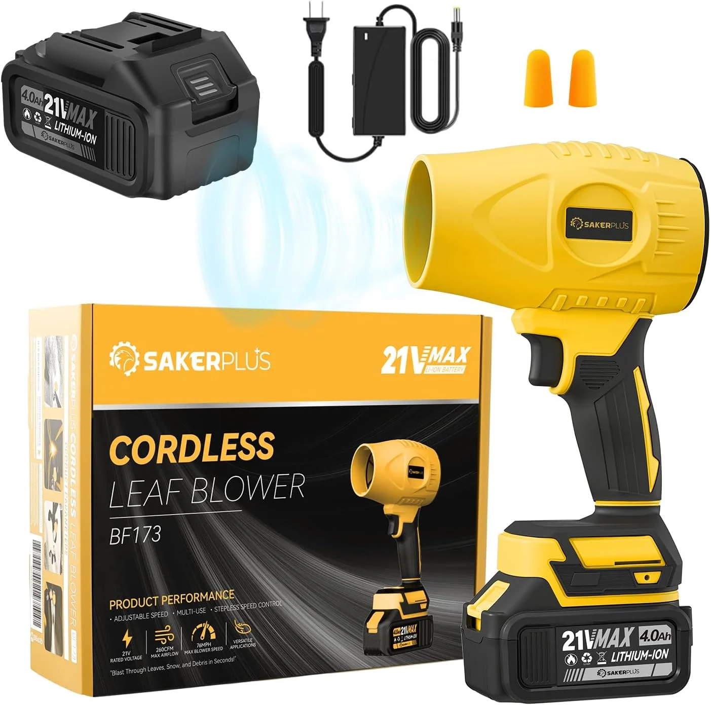 دمنده گرد و غبار قابل حمل SakerPlus، دمنده برگ بی سیم با 2 باتری، دمنده دستی برقی 21 ولت 4.0 آمپر ساعت، 3 سرعته قابل تنظیم، دمنده برگ مینی سبک وزن برای حیاط، پاسیو، گاراژ، ماشین (زرد)