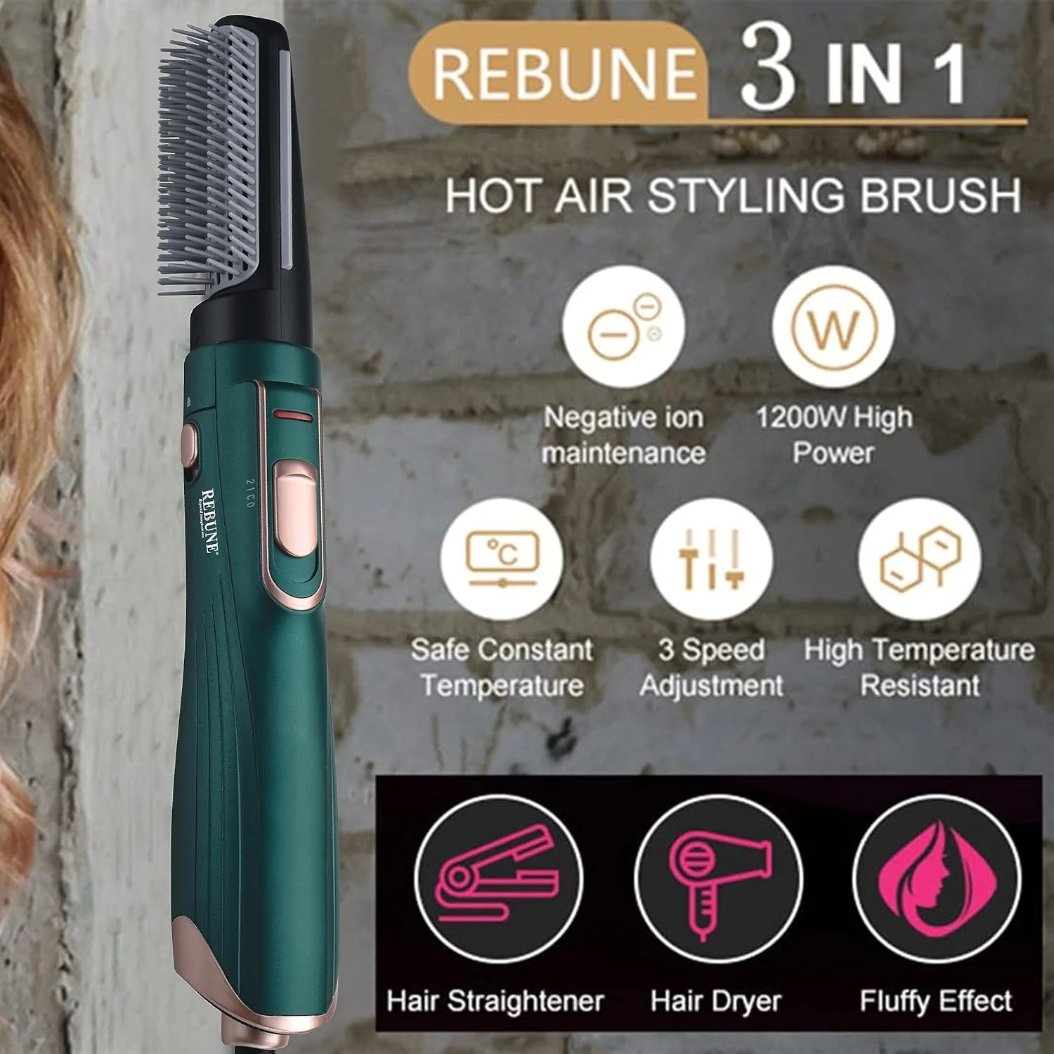 حالت دهنده موی حرارتی جدید REBUNE مدل RE-2025-2 با توان 1200 وات، برس سشوار حجم دهنده موی یک مرحله ای حالت دهنده موی حرارتی جدید REBUNE مدل RE-2025-2 با توان 1200 وات، برس سشوار حجم دهنده موی یک مرحله ای