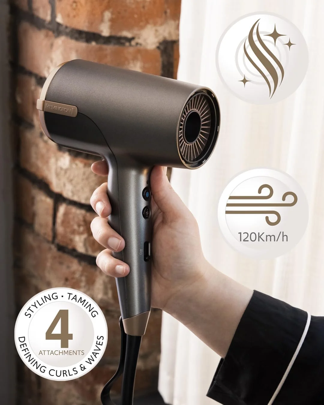 سشوار رمینگتون مدل One Dry&Style Ion [جریان هوای 120 کیلومتر در ساعت برای خشک کردن سریع] (5 سری: ضد وز، 2 دفیوزر، شانه دندانه ریز و پهن، نازل باریک، 8 ترکیب حرارت و سرعت) D6078