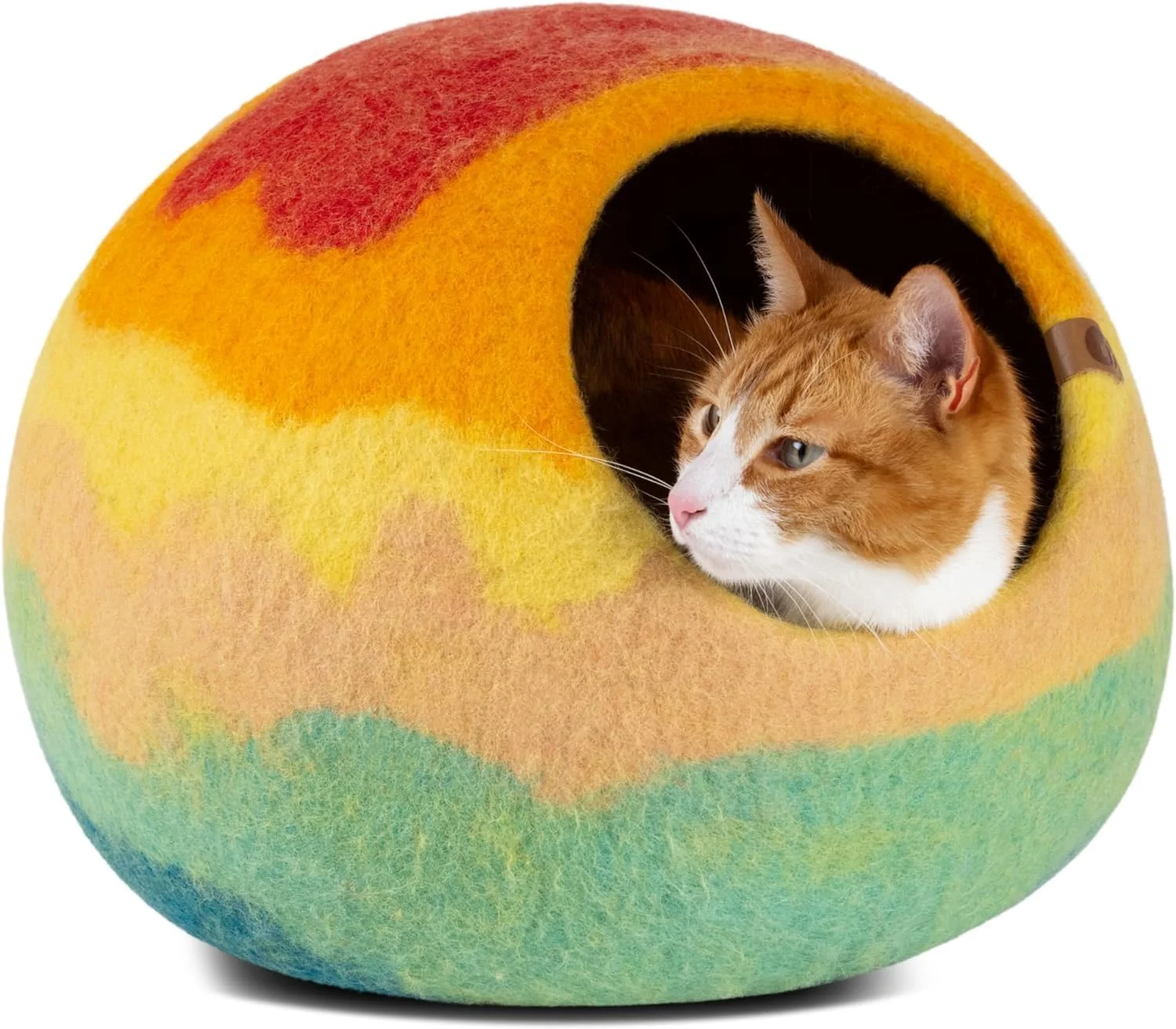 غار تختخواب گربه ای نمدی پریمیوم MEOWFIA - خانه مخفیگاهی دست ساز 100% پشم مرینوس برای گربه ها و بچه گربه ها (سایه های زنده) (متوسط، غروب آفتاب توسان)