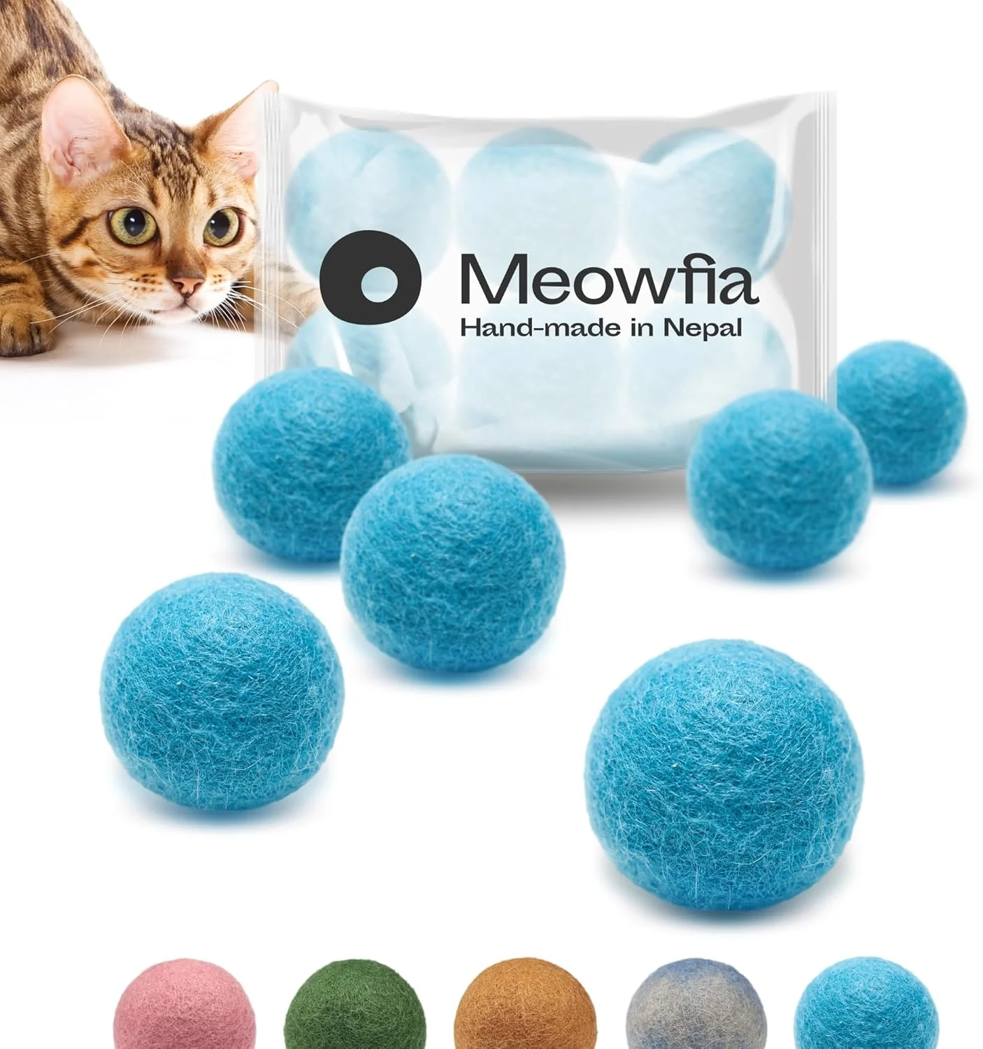 اسباب بازی توپ پشمی MEOWFIA - بسته 6 عددی توپ های ایمن برای گربه ها و سگ های کوچک - اسباب بازی گربه و سگ پشمی نمدی 1.5 اینچی - ایده آل برای غار گربه - بی صدا - توپ های تنیس مینی - (2 اینچ / آبی دریایی)