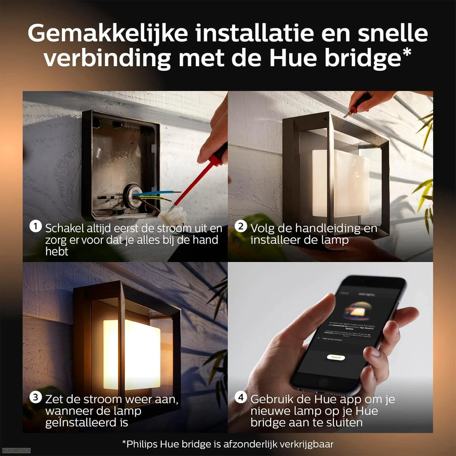 چراغ دیواری هوشمند LED باغی Philips Hue Econic White and Colour Ambiance [چراغ ایوان مربعی]، سازگار با Alexa، Google Assistant و Apple Homekit