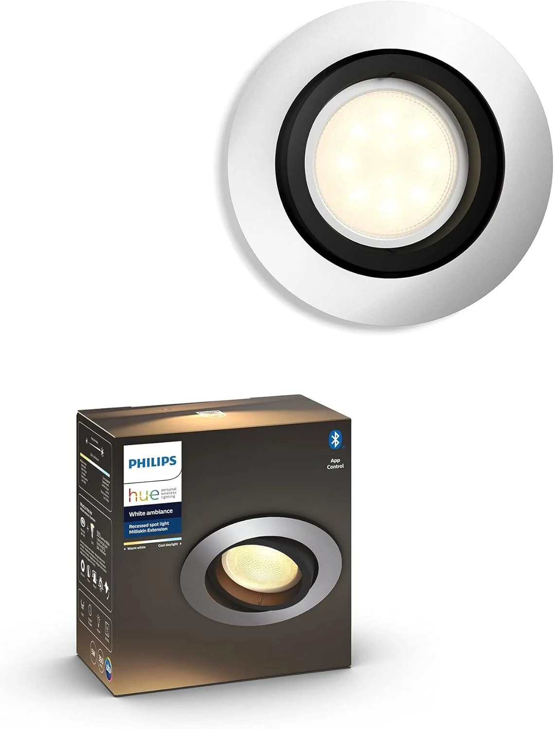 چراغ سقفی هوشمند ال ای دی توکار Philips Hue Milliskin White Ambiance [اسپات GU10] با بلوتوث، آلومینیومی. سازگار با الکسا، گوگل اسیستنت و اپل هوم کیت