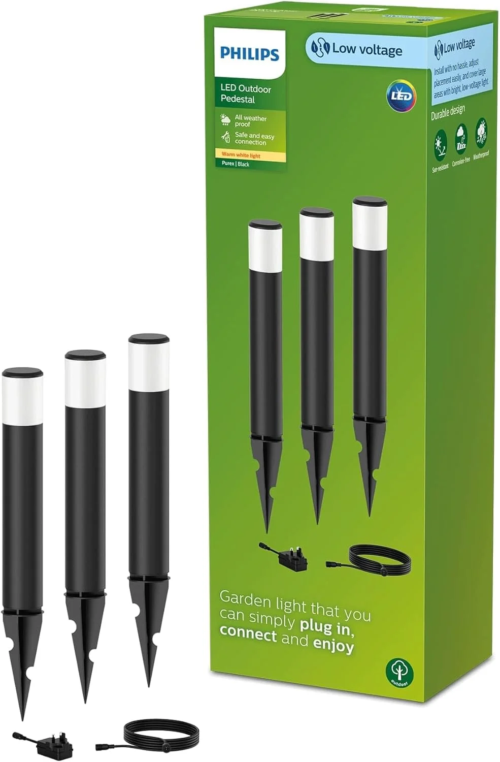 چراغ پایه دار مسیر باغی ولتاژ پایین فیلیپس Purex Gardenlink، بسته 3 عددی، 3X1.5 وات، مشکی، 24 ولت، مقاوم در برابر آب IP44