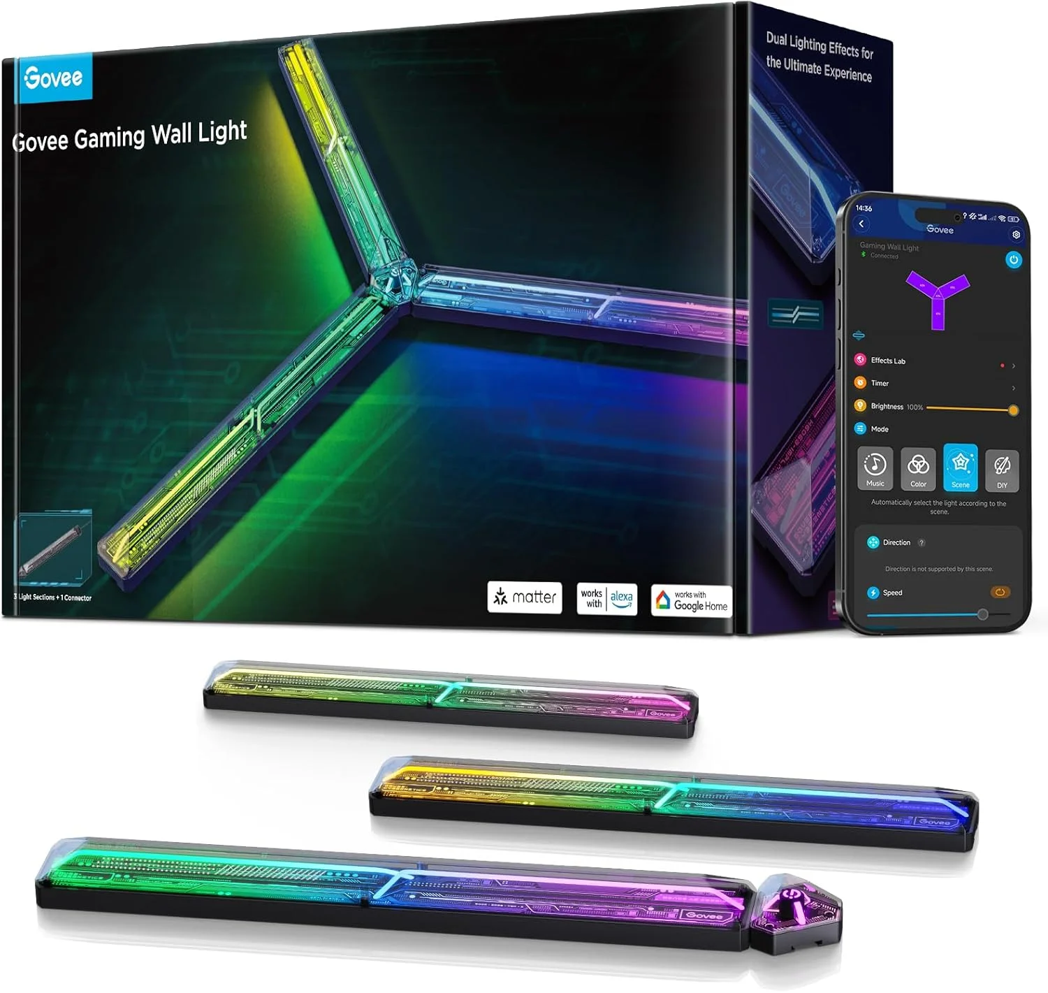 چراغ دیواری گیمینگ LED RGBIC Govee با اشکال و چند رنگ، سبک سایبرپانک DIY، بیش از 60 جلوه صحنه، نور هوشمند سازگار با Matter و Alexa، 3 عدد و 1 اتصال دهنده چراغ دیواری گیمینگ LED RGBIC Govee با اشکال و چند رنگ، سبک سایبرپانک DIY، بیش از 60 جلوه صحنه، نور هوشمند سازگار با Matter و Alexa، 3 عدد و 1 اتصال دهنده