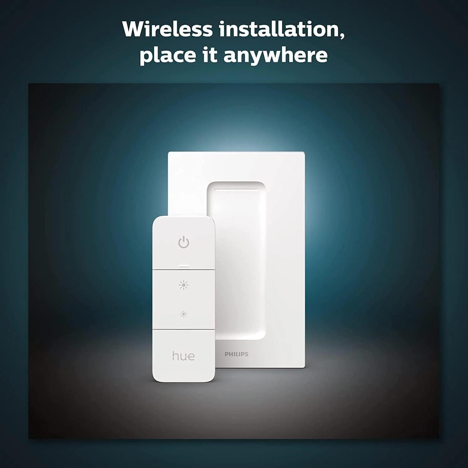 کلید دیمر هوشمند بی سیم Philips Hue V2 (بدون نیاز به نصب، انحصاری برای چراغ های Philips Hue) برای نورپردازی داخلی خانه، اتاق نشیمن، اتاق خواب.
