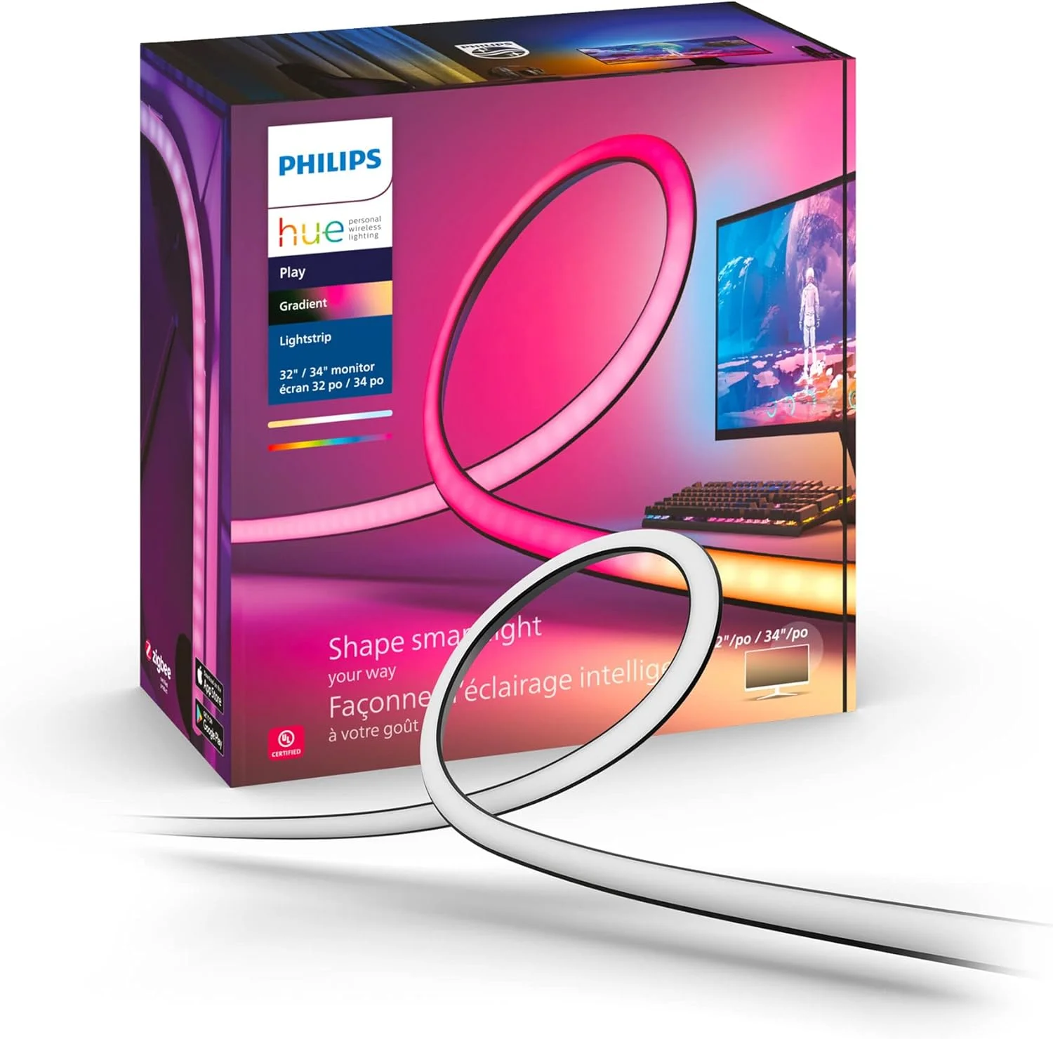 نوار نور گرادیان Philips Hue Play برای کامپیوتر [مناسب صفحه نمایش های 32-34 اینچی] نورپردازی هوشمند LED. همگام سازی برای سرگرمی، بازی و رسانه