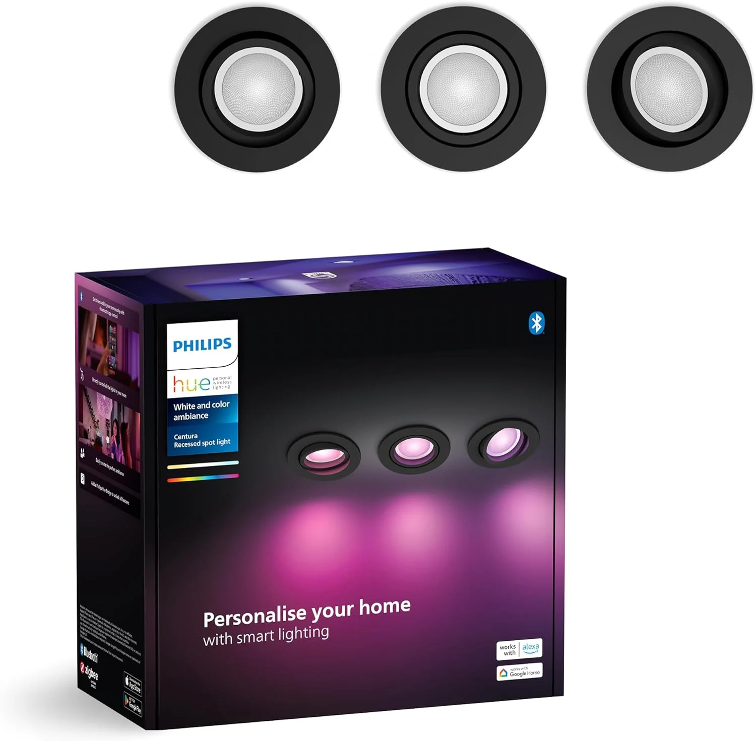 ست 3 عددی چراغ سقفی گرد فیلیپس Hue White & Colour Ambiance Centura، چراغ های سقفی دیمر شونده برای سیستم روشنایی Hue، کنترل هوشمند نور با صدا و برنامه، مشکی