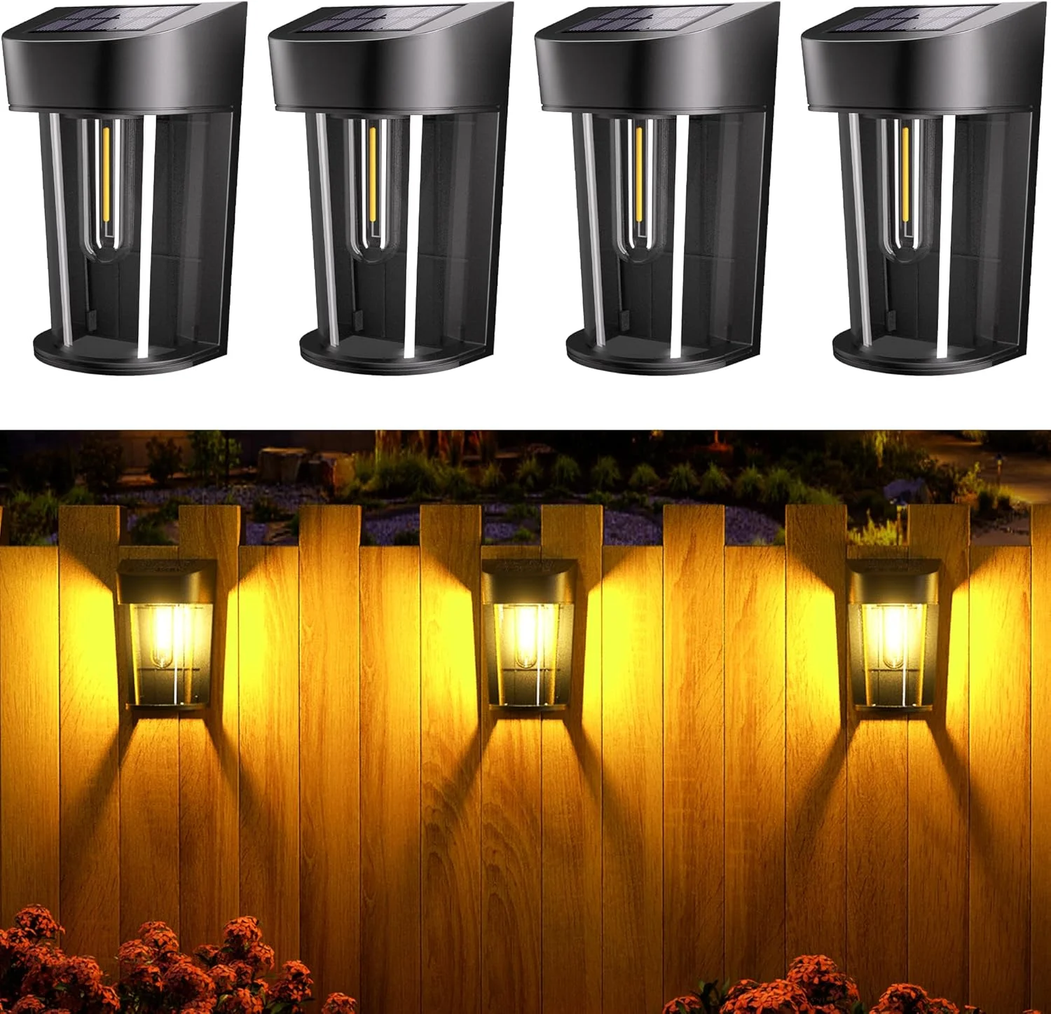 چراغ های خورشیدی حصار Quntis، بسته 4 عددی چراغ های دیواری خورشیدی باغ در فضای باز، چراغ تزئینی ضد آب باغ، روشن/خاموش خودکار چراغ های حصار باغی یکپارچهسازی با سیستمعامل برای فضای بیرونی، عرشه، پاسیو، پله ها، حیاط، مسیر، سفید گرم