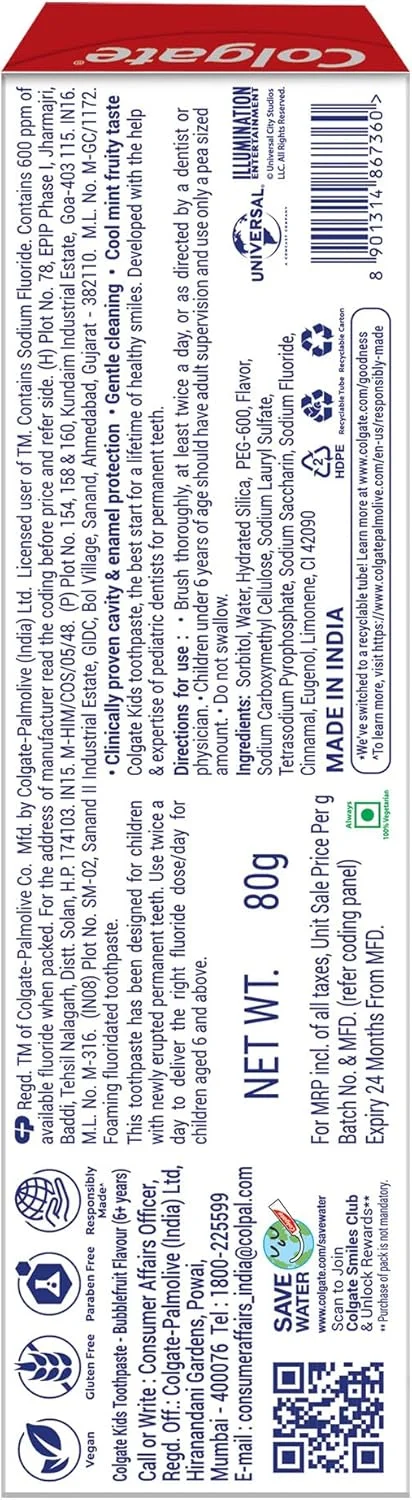 خمیر دندان کودک کلگیت، محافظت ملایم برای 6+ سال، مینیون ها، طعم میوه ای بادکنکی، 80 گرم خمیر دندان کودک کلگیت، محافظت ملایم برای 6+ سال، مینیون ها، طعم میوه ای بادکنکی، 80 گرم