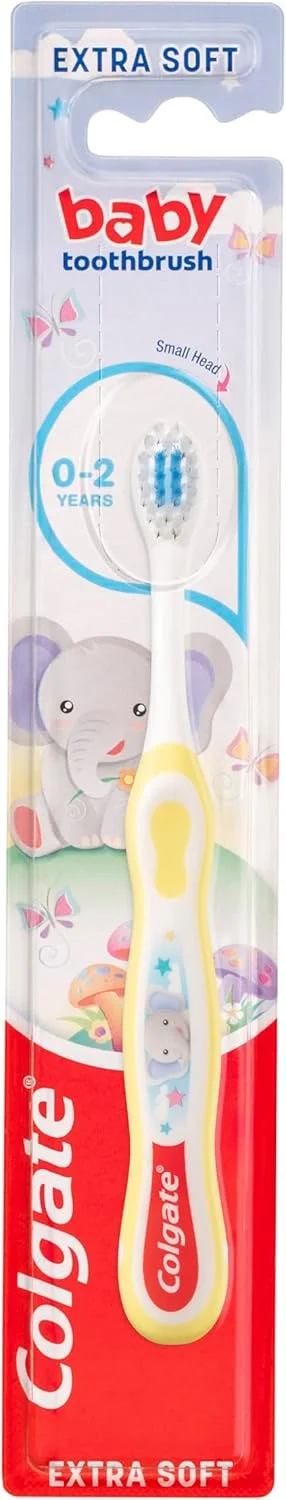 مسواک کودک کلگیت 0-2 سال، مسواک نوزاد، برس های فوق العاده نرم، به آرامی و به طور موثر اولین دندان ها را تمیز می کند، سر برس کوچک، راهنمای خمیر دندان با موهای آبی، دسته ضد لغزش