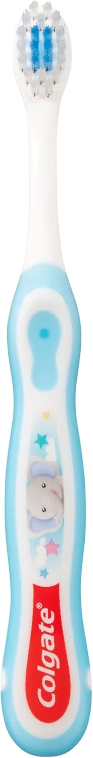 مسواک کودک کلگیت 0-2 سال، مسواک نوزاد، برس های فوق العاده نرم، به آرامی و به طور موثر اولین دندان ها را تمیز می کند، سر برس کوچک، راهنمای خمیر دندان با موهای آبی، دسته ضد لغزش
