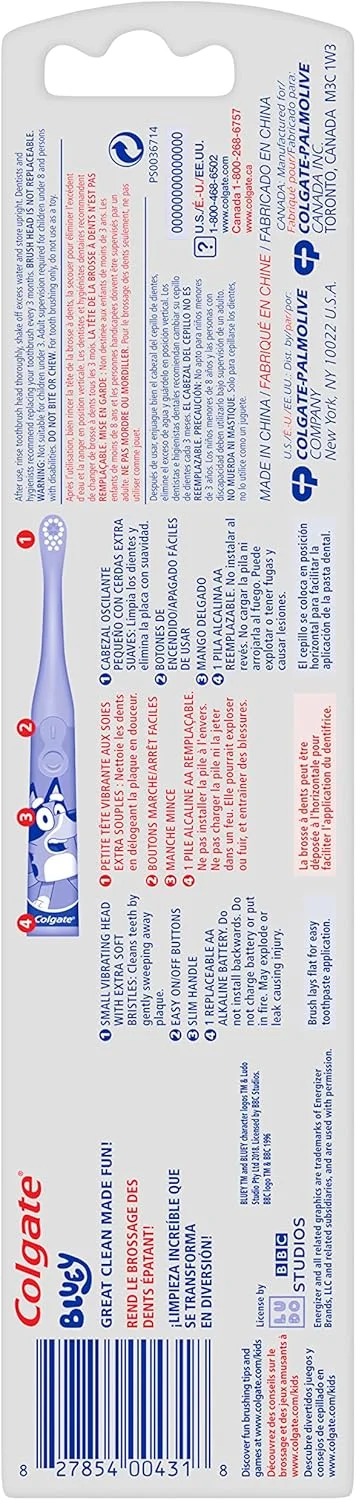 مسواک برقی باتری خور کودک کلگیت، مسواک باتری خور کودک با باتری AA، برس های بسیار نرم، دسته صاف برای جلوگیری از غلتیدن، مسواک بلوئی، 1 عدد