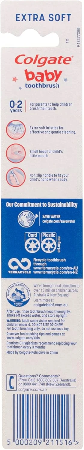 مسواک کودک کلگیت 0-2 سال، مسواک نوزاد، برس های فوق العاده نرم، به آرامی و به طور موثر اولین دندان ها را تمیز می کند، سر برس کوچک، راهنمای خمیر دندان با موهای آبی، دسته ضد لغزش