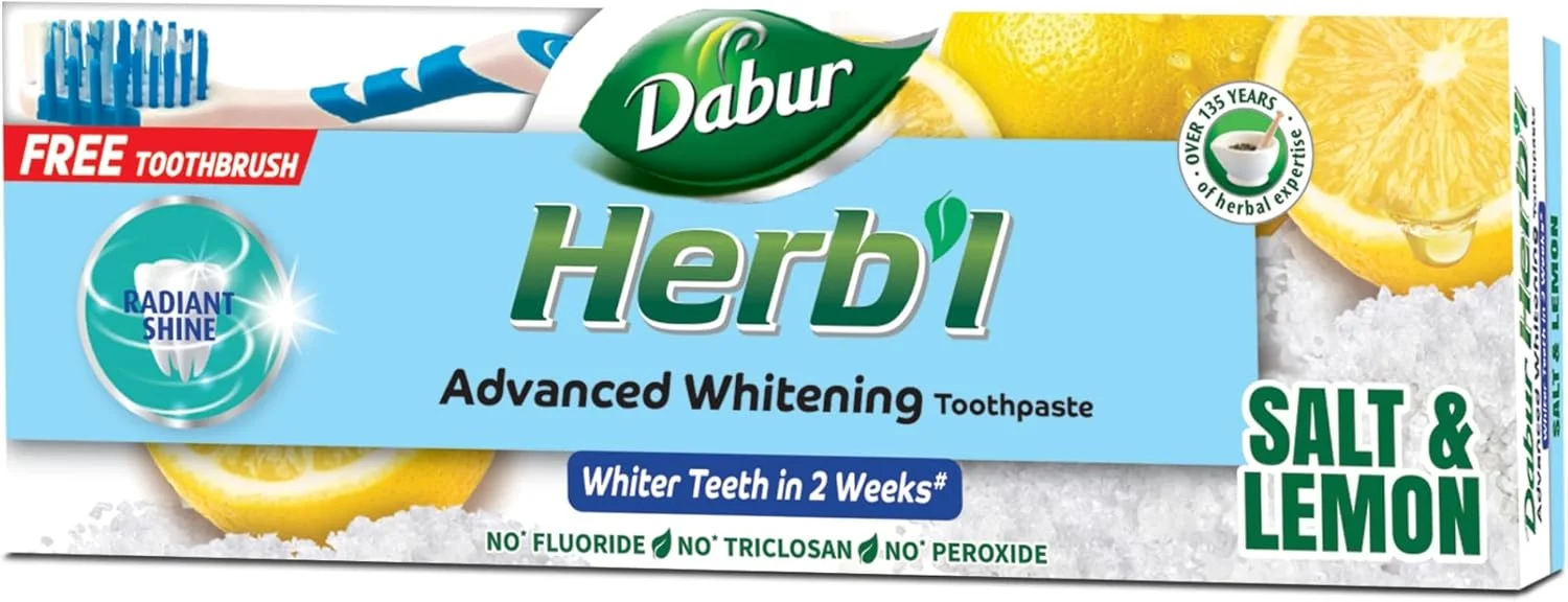 خمیر دندان گیاهی سفید کننده دابور (150 گرم + مسواک) | غنی شده با نمک و لیمو | برای درخشش و سفیدی فوق العاده دندان ها