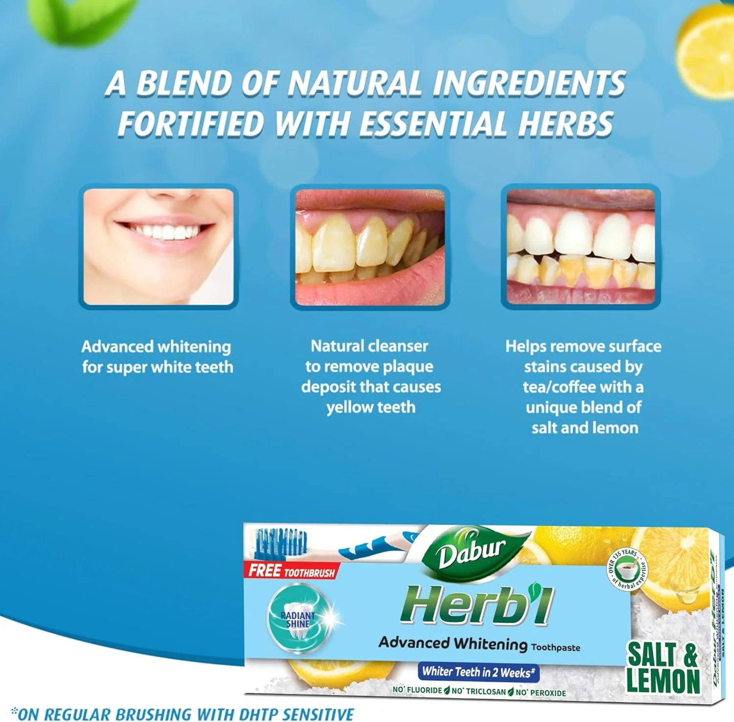 خمیر دندان سفید کننده گیاهی دابور (2 عدد 150 گرمی + مسواک) | غنی شده با نمک و لیمو | برای درخشش و سفیدی فوق العاده دندان ها | بسته اقتصادی خمیر دندان سفید کننده گیاهی دابور (2 عدد 150 گرمی + مسواک) | غنی شده با نمک و لیمو | برای درخشش و سفیدی فوق العاده دندان ها | بسته اقتصادی