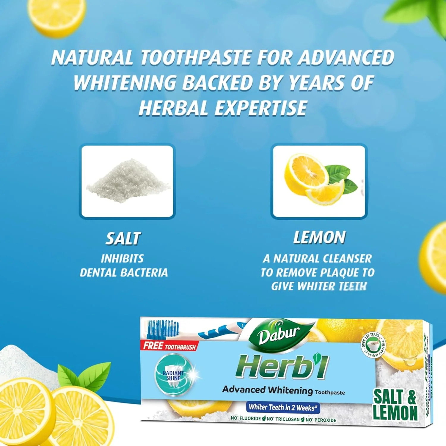 خمیر دندان سفید کننده گیاهی دابور (2 عدد 150 گرمی + مسواک) | غنی شده با نمک و لیمو | برای درخشش و سفیدی فوق العاده دندان ها | بسته اقتصادی خمیر دندان سفید کننده گیاهی دابور (2 عدد 150 گرمی + مسواک) | غنی شده با نمک و لیمو | برای درخشش و سفیدی فوق العاده دندان ها | بسته اقتصادی