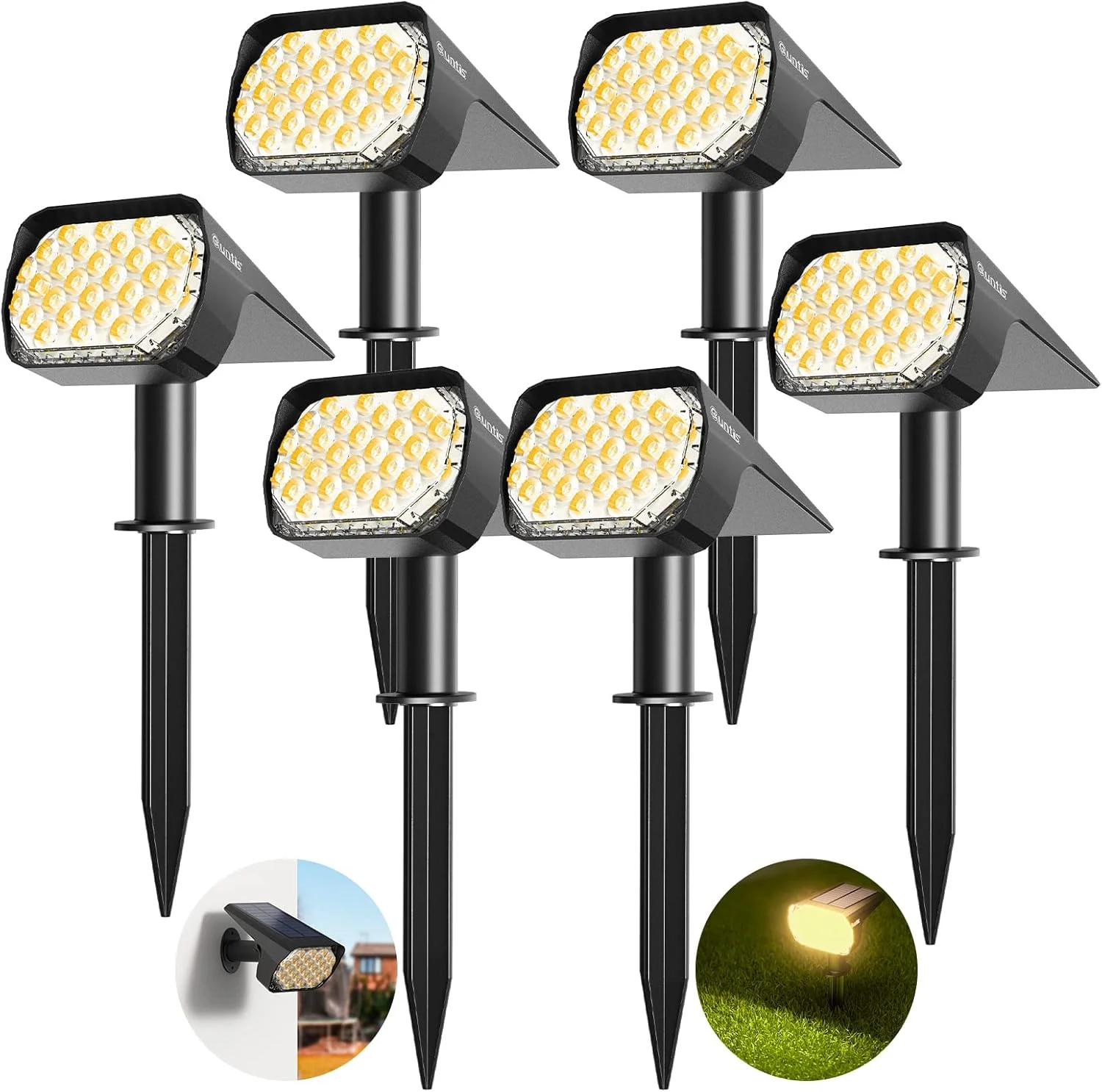 چراغ های نقطه ای خورشیدی 6 عددی Quntis برای فضای باز، چراغ های باغی خورشیدی ضد آب IP65، 3 حالت، سفید گرم، کریستالی، باغ لوکس، فضای باز، باغ، استخر، حیاط، گاراژ