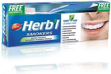 خمیر دندان گیاهی مخصوص افراد سیگاری Dabur (150 گرم + مسواک) | غنی شده با نمک، نعناع و پوست تمشک | لثه های سالم و دندان های قوی | مبارزه با 7 نشانه دندان های افراد سیگاری خمیر دندان گیاهی مخصوص افراد سیگاری Dabur (150 گرم + مسواک) | غنی شده با نمک، نعناع و پوست تمشک | لثه های سالم و دندان های قوی | مبارزه با 7 نشانه دندان های افراد سیگاری