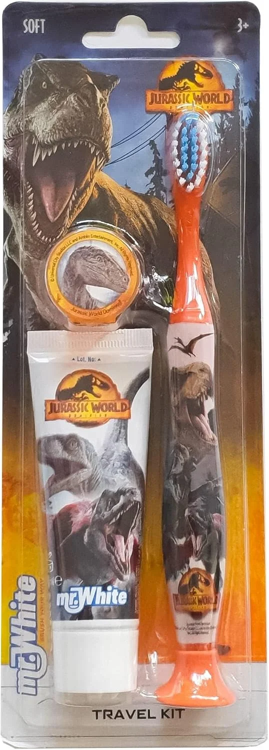 ست مسافرتی مراقبت از دهان و دندان کودکان Mr White با طرح دنیای ژوراسیک، شامل خمیر دندان با طعم توت فرنگی و مسواک با درپوش محافظ، مکنده، دسته راحت و برس نرم ست مسافرتی مراقبت از دهان و دندان کودکان Mr White با طرح دنیای ژوراسیک، شامل خمیر دندان با طعم توت فرنگی و مسواک با درپوش محافظ، مکنده، دسته راحت و برس نرم