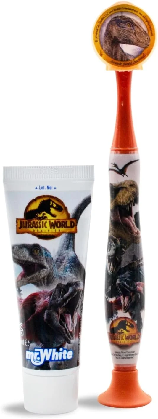 ست مسافرتی مراقبت از دهان و دندان کودکان Mr White با طرح دنیای ژوراسیک، شامل خمیر دندان با طعم توت فرنگی و مسواک با درپوش محافظ، مکنده، دسته راحت و برس نرم