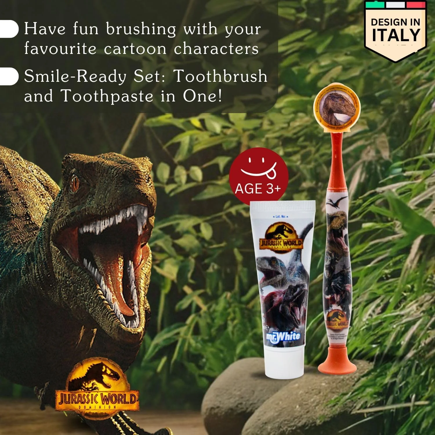 ست مسافرتی مراقبت از دهان و دندان کودکان Mr White با طرح دنیای ژوراسیک، شامل خمیر دندان با طعم توت فرنگی و مسواک با درپوش محافظ، مکنده، دسته راحت و برس نرم